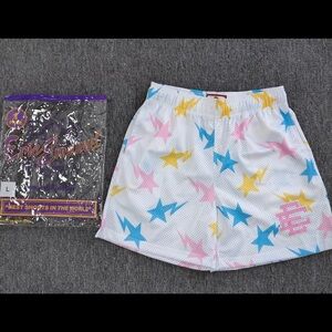 Eric Emanuel White Mesh Shorts with Pastel Blue Pink Yellow Stars